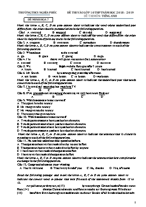 Đề thi minh họa tuyển sinh vào Lớp 10 THPT môn Tiếng Anh - Đề số 7 - Năm học 2018-2019 - Trường THCS Nghĩa Phúc (Có đáp án)